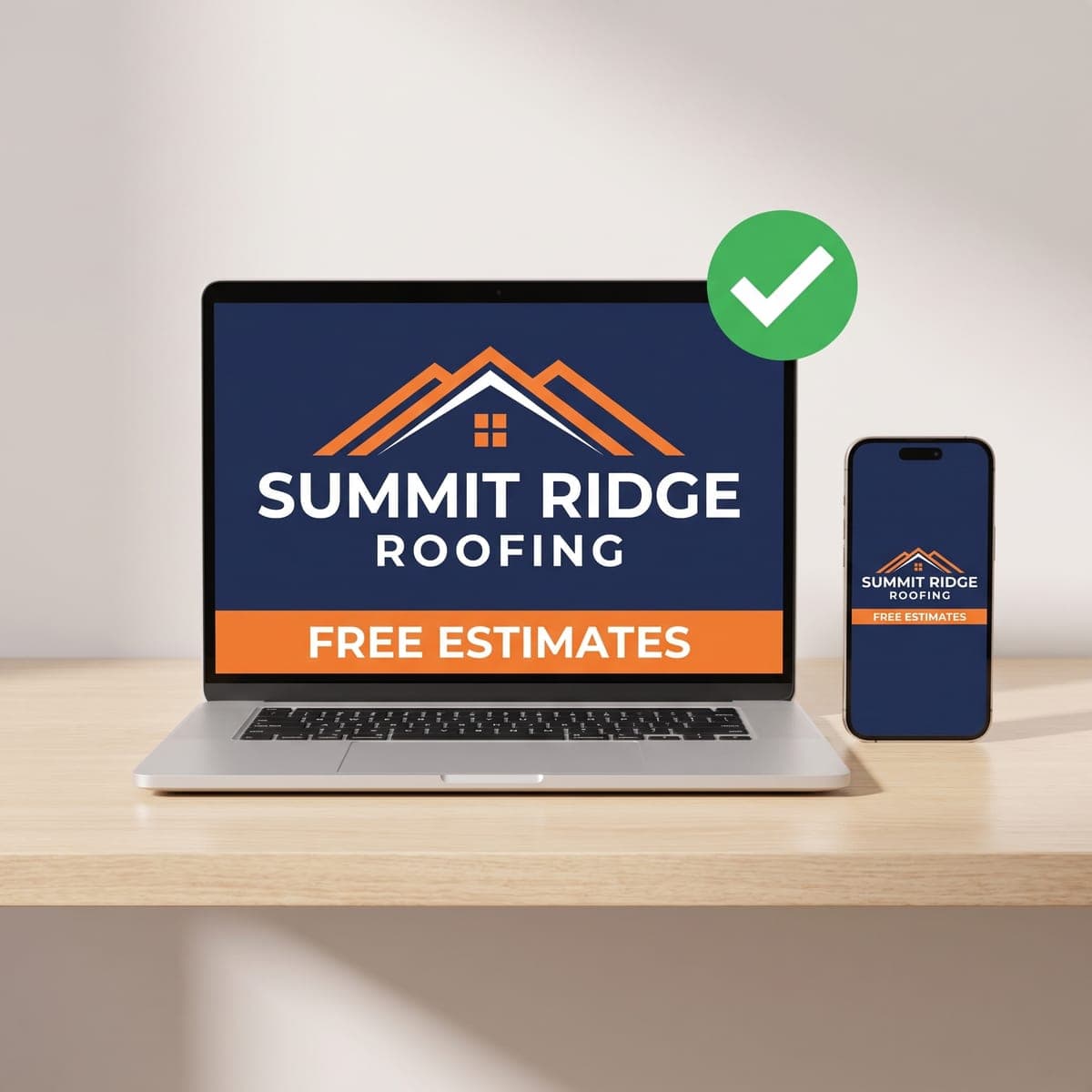Laptop and phone showing the Summit Ridge Roofing sign proof with a green approval check