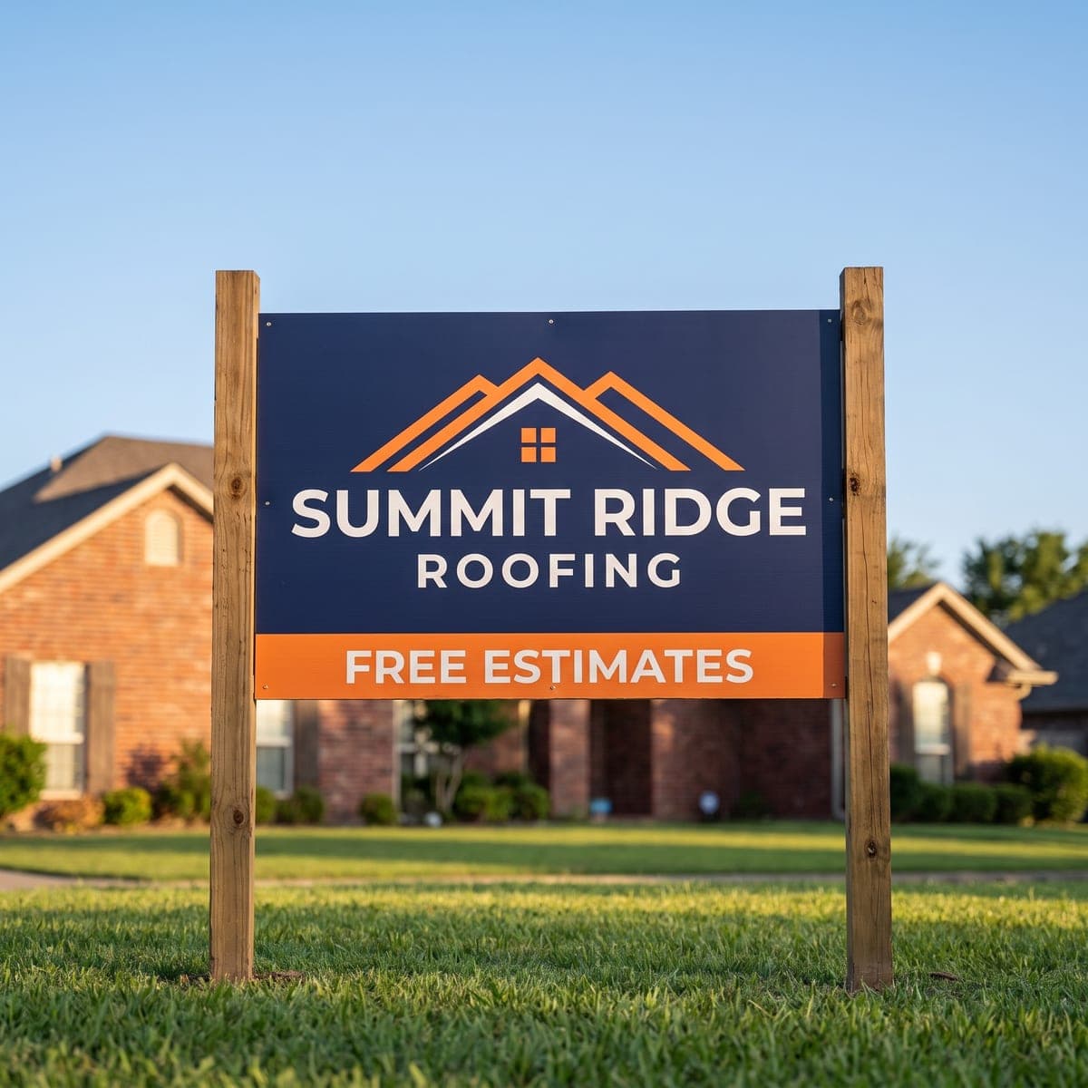 The finished Summit Ridge Roofing sign panel mounted on wooden posts on a front lawn