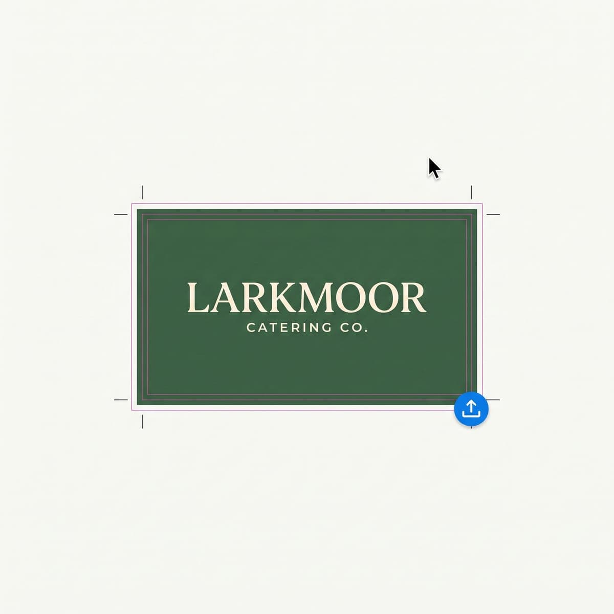 Flat Larkmoor Catering Co. table cover print file laid out with bleed guides, crop marks, an upload icon and a cursor