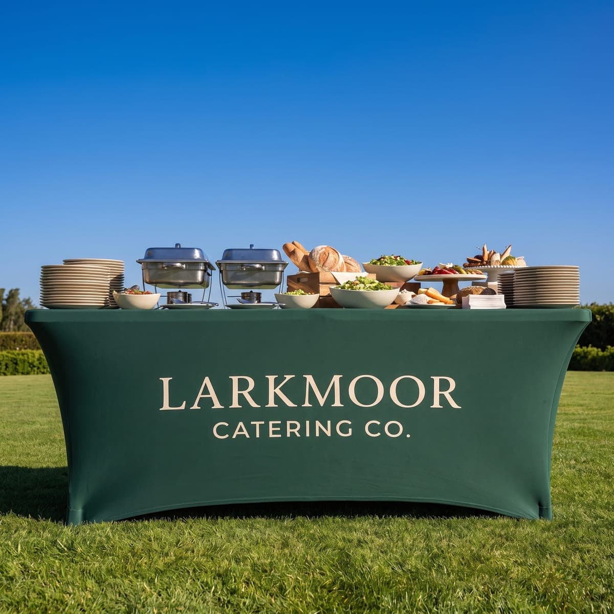 The finished Larkmoor Catering Co. table cover dressing a buffet table at a sunny outdoor event