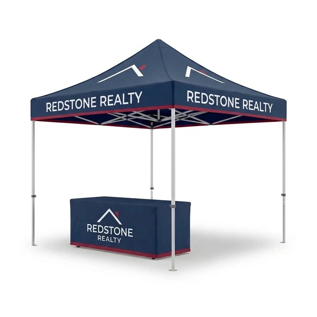 Three-quarter view of a navy printed canopy for Redstone Realty and a fitted navy table cover with boxed corners and a red edge