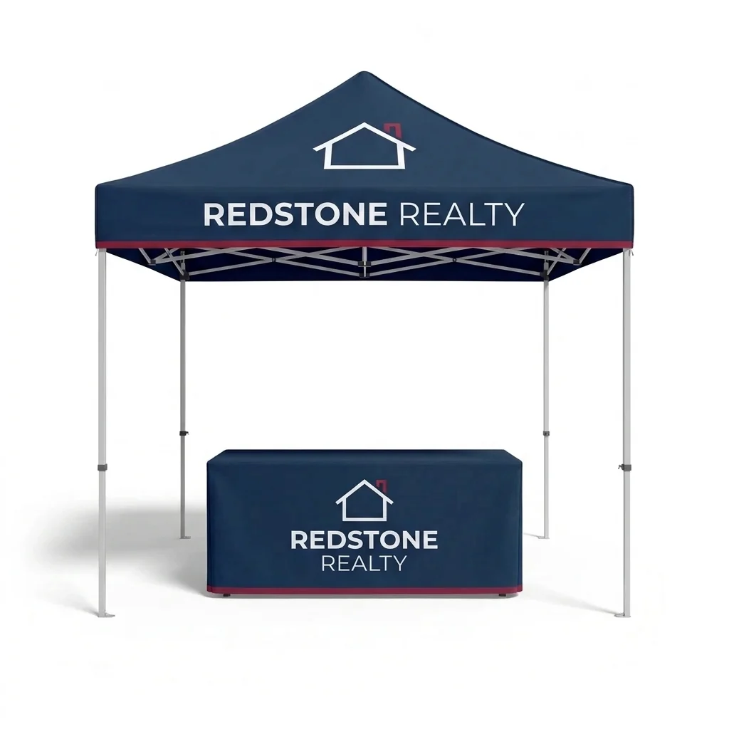 Navy custom 10x10 canopy tent with a matching fitted table cover, shown front on against white