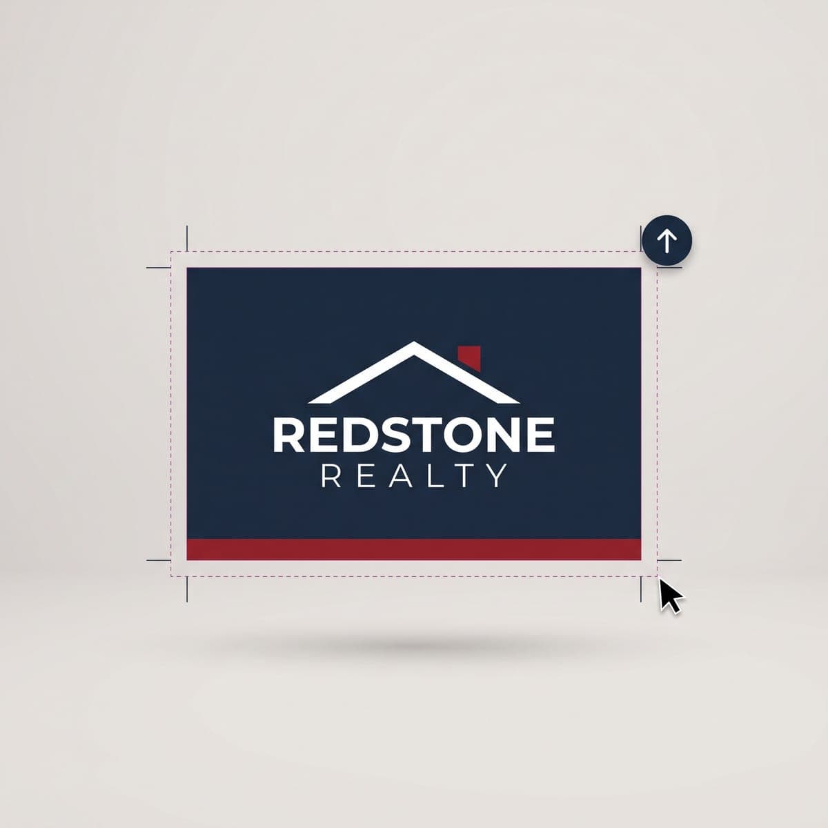 Flat Redstone Realty canopy print file laid out with bleed guides, an upload icon and a cursor