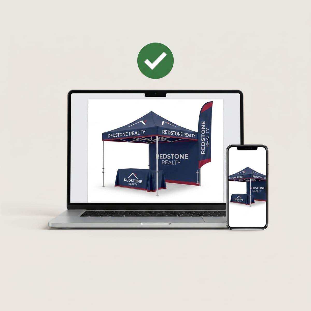Laptop and phone showing the Redstone Realty tent proof with a green approval check