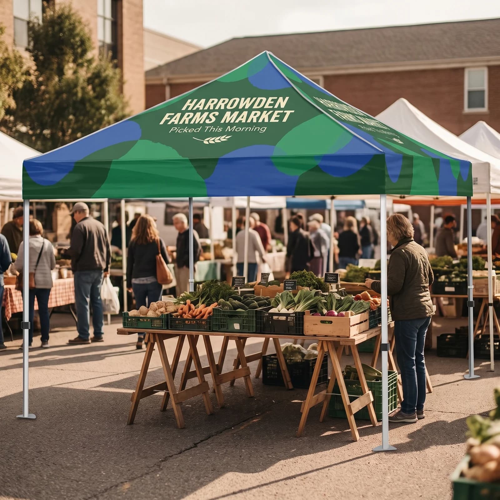 A full-color 10 by 10 canopy tent shading a produce stand at a farmers market