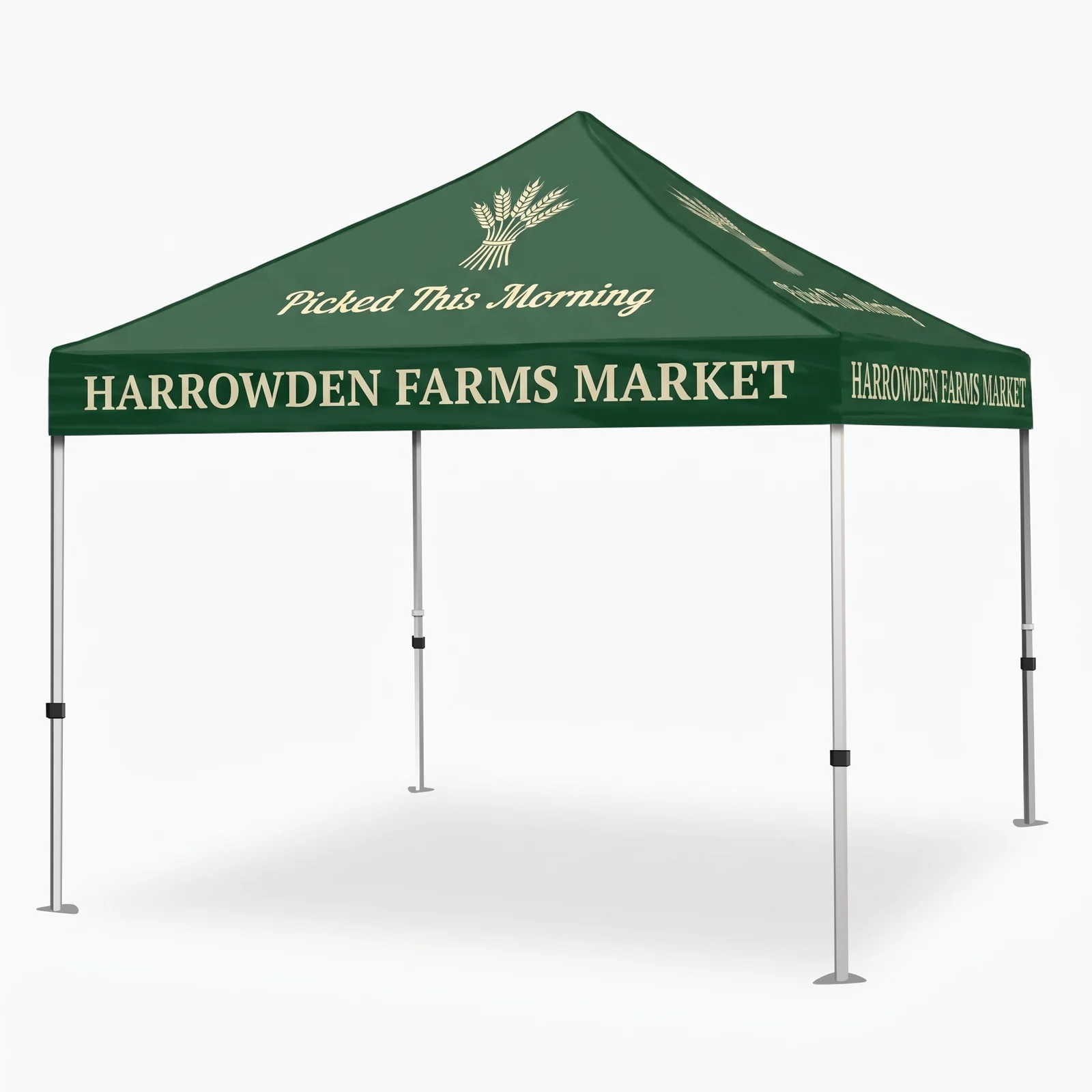 A sample 3D canopy mockup in a corner view, printed for a farm market