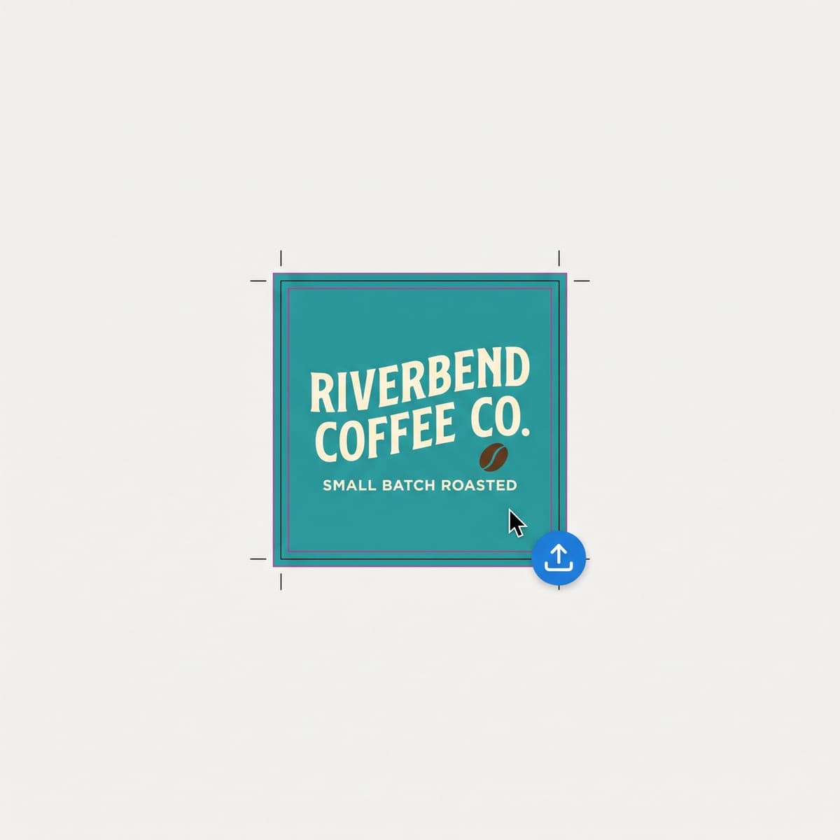Flat Riverbend Coffee Co. canopy print file laid out with bleed guides, crop marks, an upload icon and a cursor