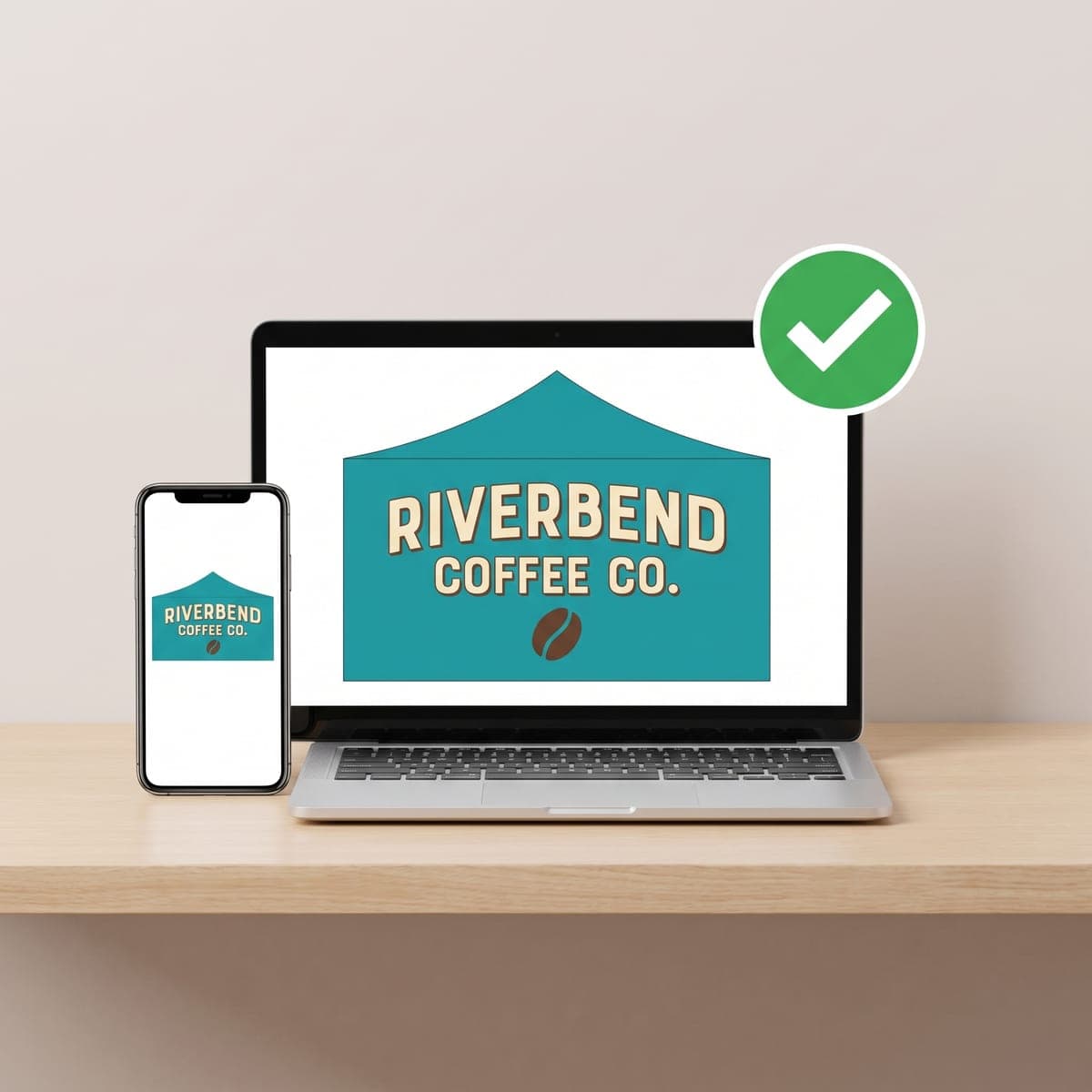 Laptop and phone showing the Riverbend Coffee Co. canopy tent proof with a green approval check