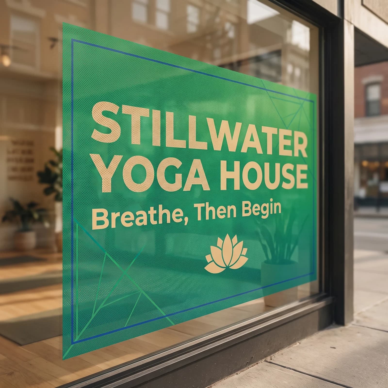 Green perforated window film on a yoga studio storefront, with the studio name printed across the glass