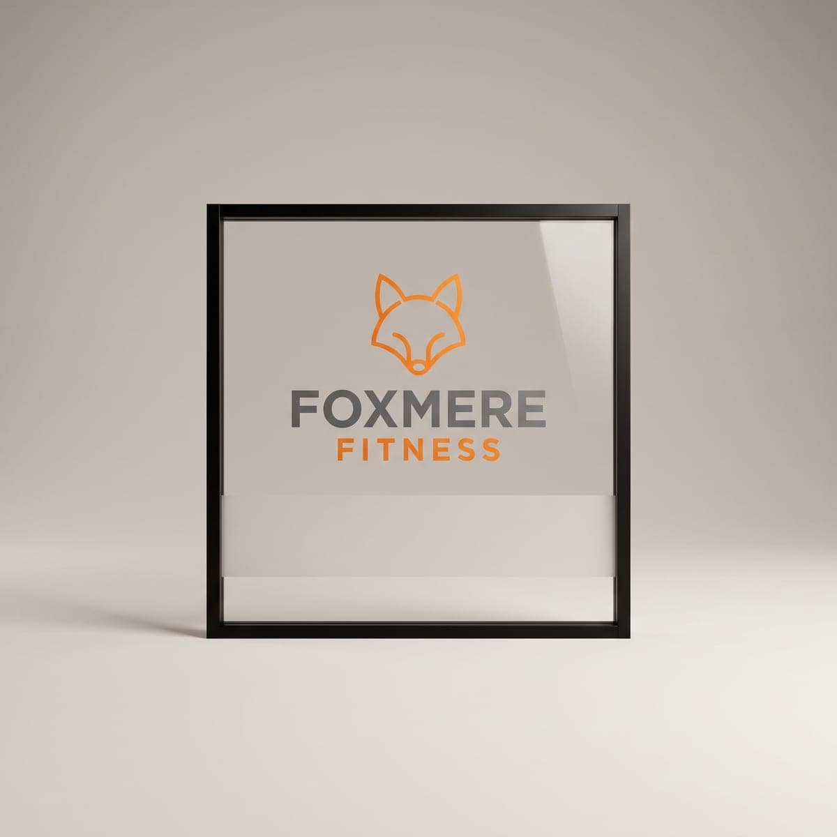Framed glass panel with the orange and gray Foxmere Fitness window vinyl in a studio