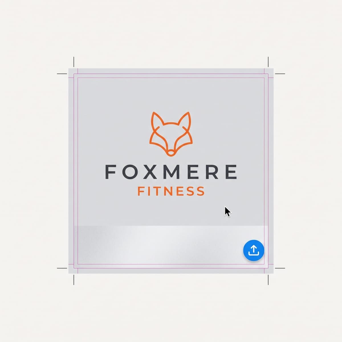 Flat Foxmere Fitness window vinyl print file laid out with bleed guides, crop marks, an upload icon and a cursor