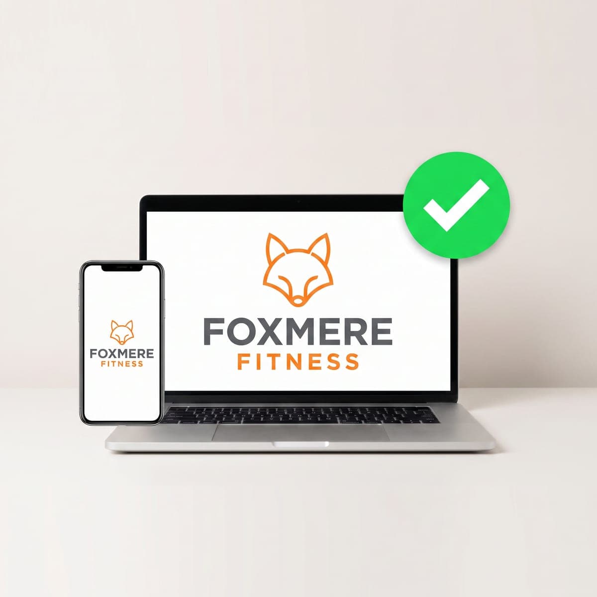 Laptop and phone showing the Foxmere Fitness window vinyl proof with a green approval check