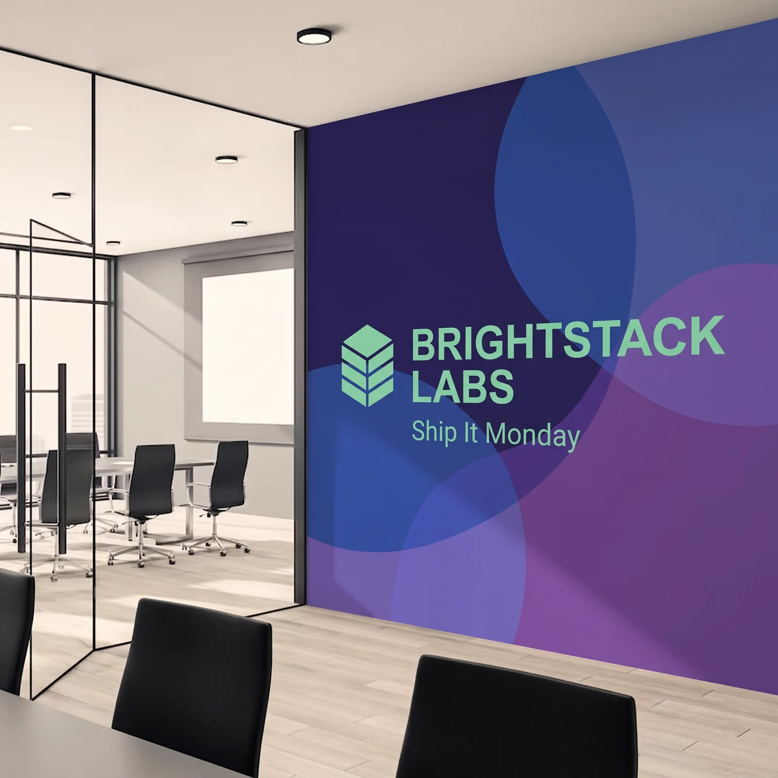 A large blue and purple wall graphic for Brightstack Labs on the wall of an office conference room