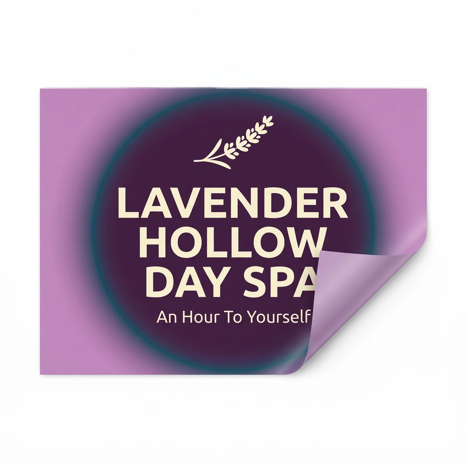 A corner of the Lavender Hollow Day Spa window cling curled up off the glass, showing that the film lifts without adhesive