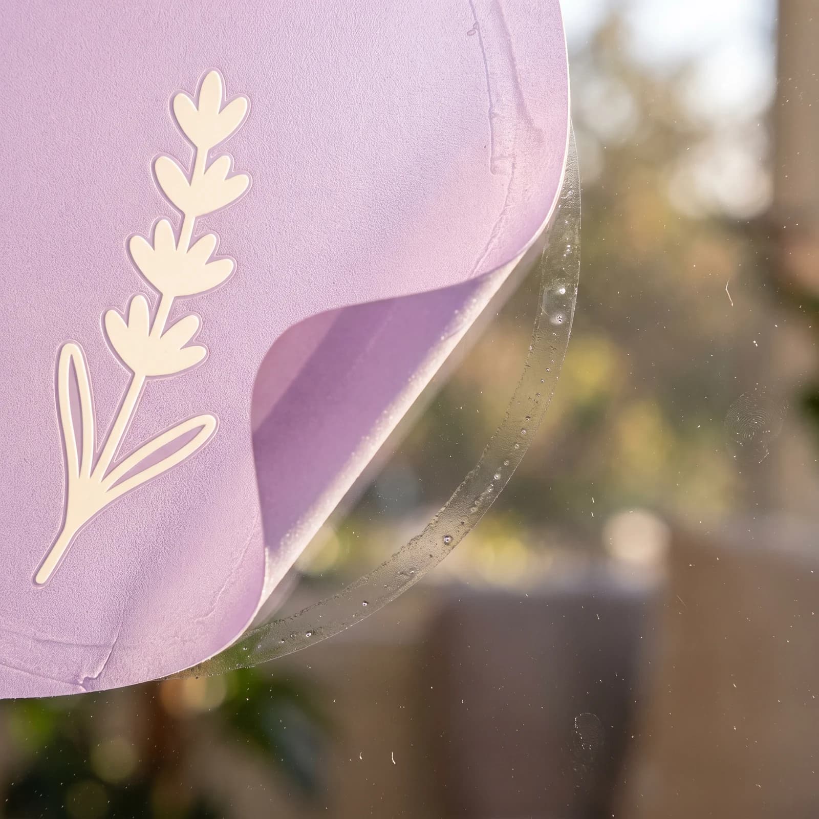 Corner of a lavender window cling peeling cleanly away from the glass