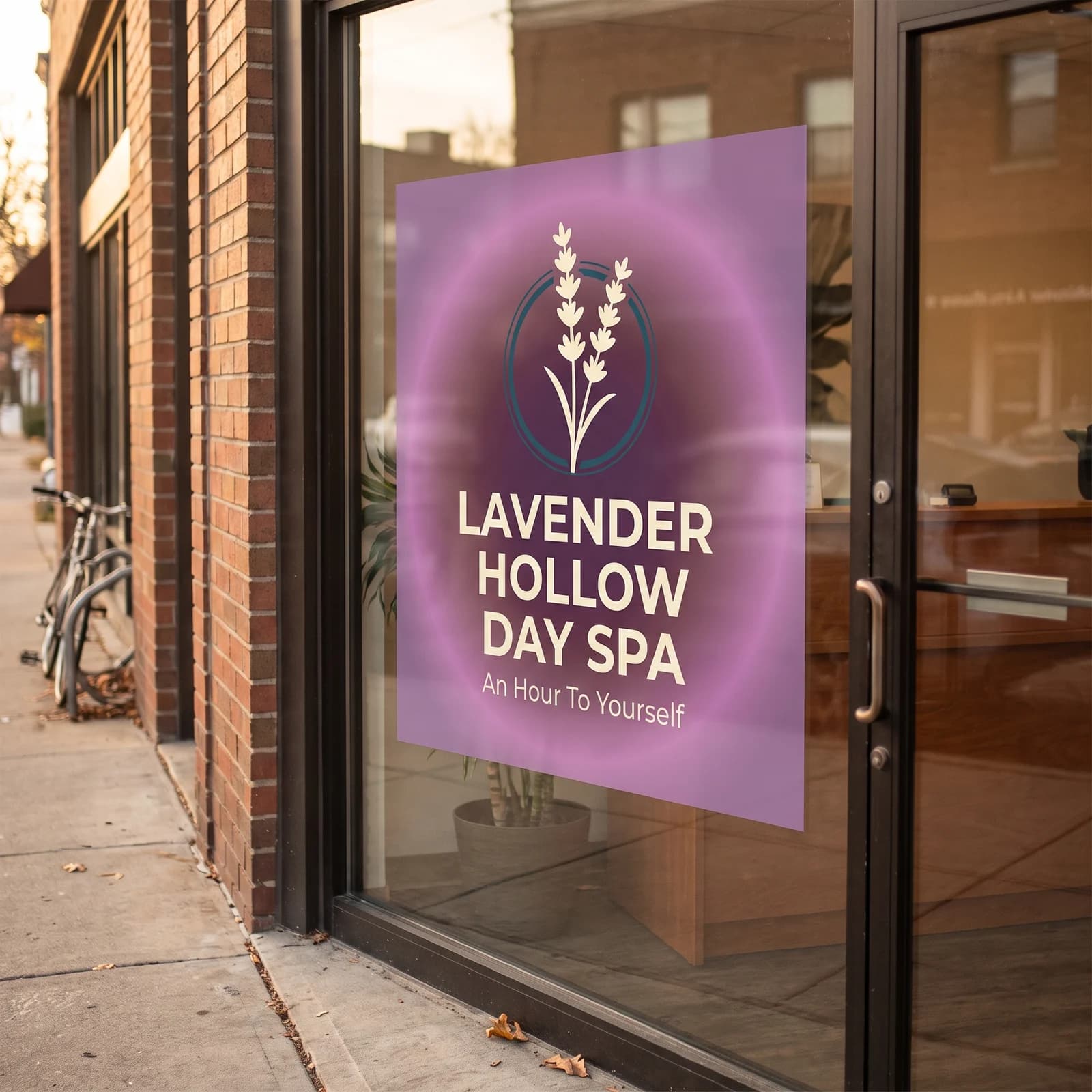 A purple static window cling for Lavender Hollow Day Spa on a storefront glass pane
