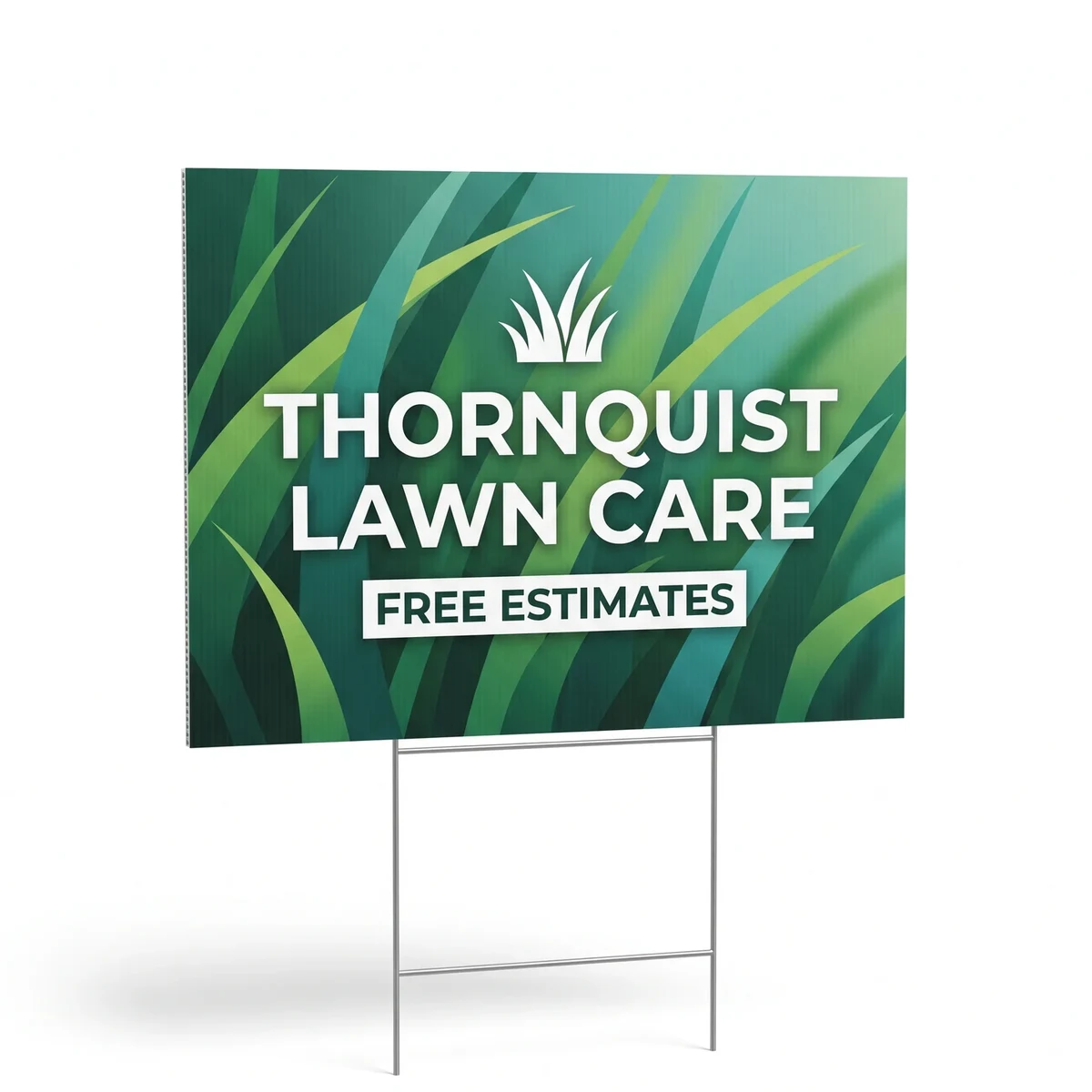 Green Thornquist Lawn Care 12 by 18 inch coroplast yard sign on a wire H stake, photographed on white