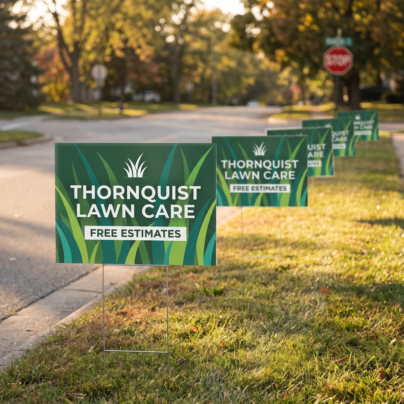 A row of green 12 x 18 inch bandit signs for Thornquist Lawn Care staked along a tree-lined sidewalk with a stop sign in the distance