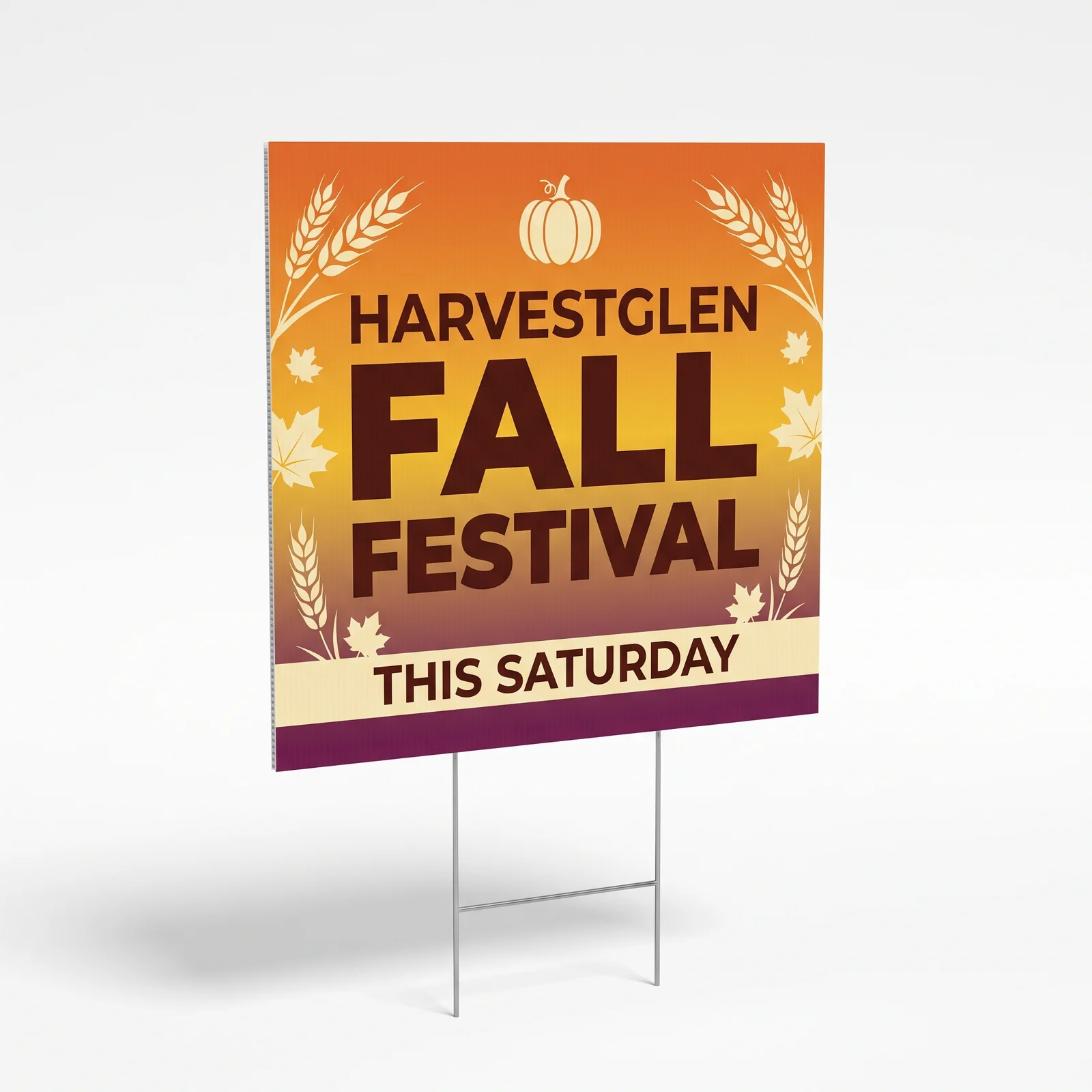 Orange Harvestglen Fall Festival 24 by 24 inch square coroplast sign on a wire H stake, photographed on white