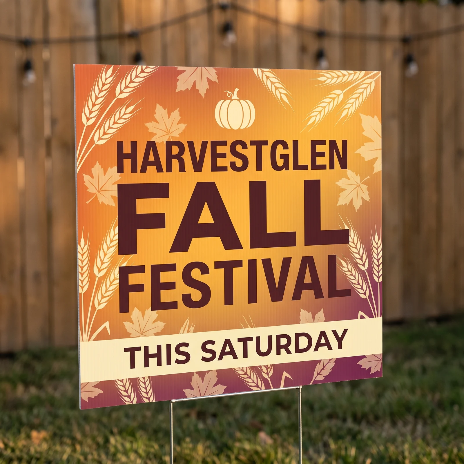 An orange and maroon 24 x 24 inch square coroplast sign for Harvestglen Fall Festival on a wire H-stake in a backyard with a wood fence and string lights behind it