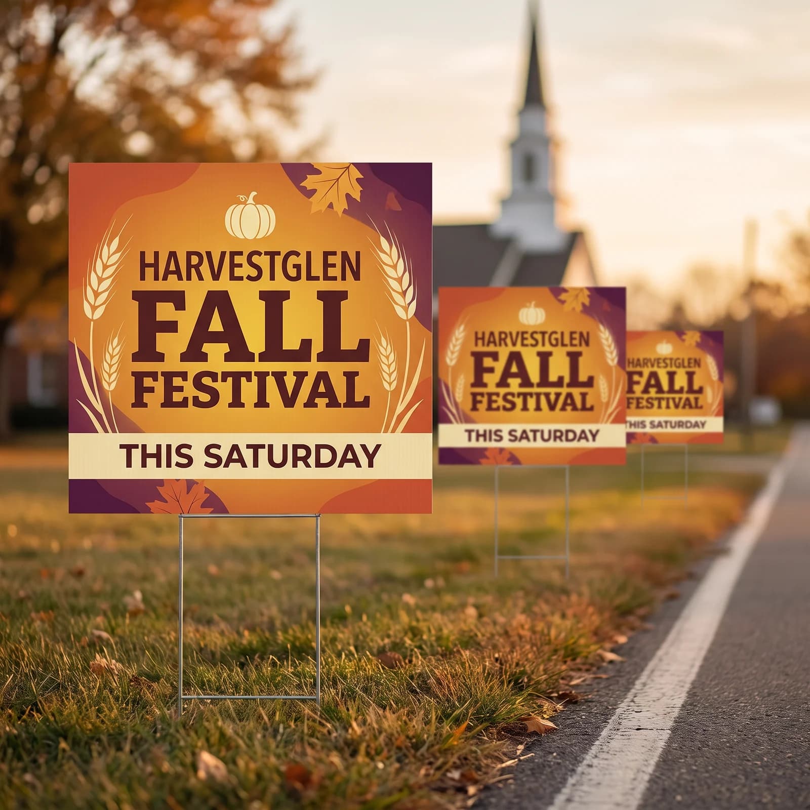 Three orange and maroon 24 x 24 inch square signs for Harvestglen Fall Festival staked in a row along a roadside lawn with a white steeple in the distance