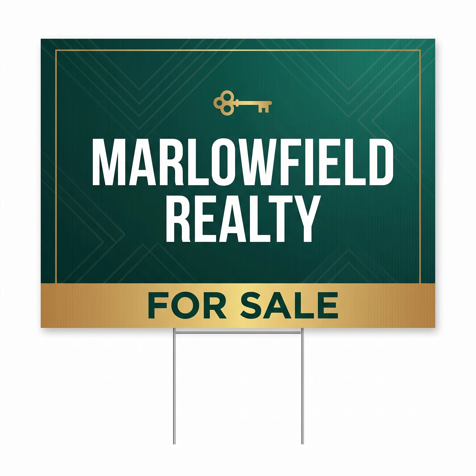 Green and gold Marlowfield Realty 36 by 24 inch coroplast sign on a wire H stake, photographed on white