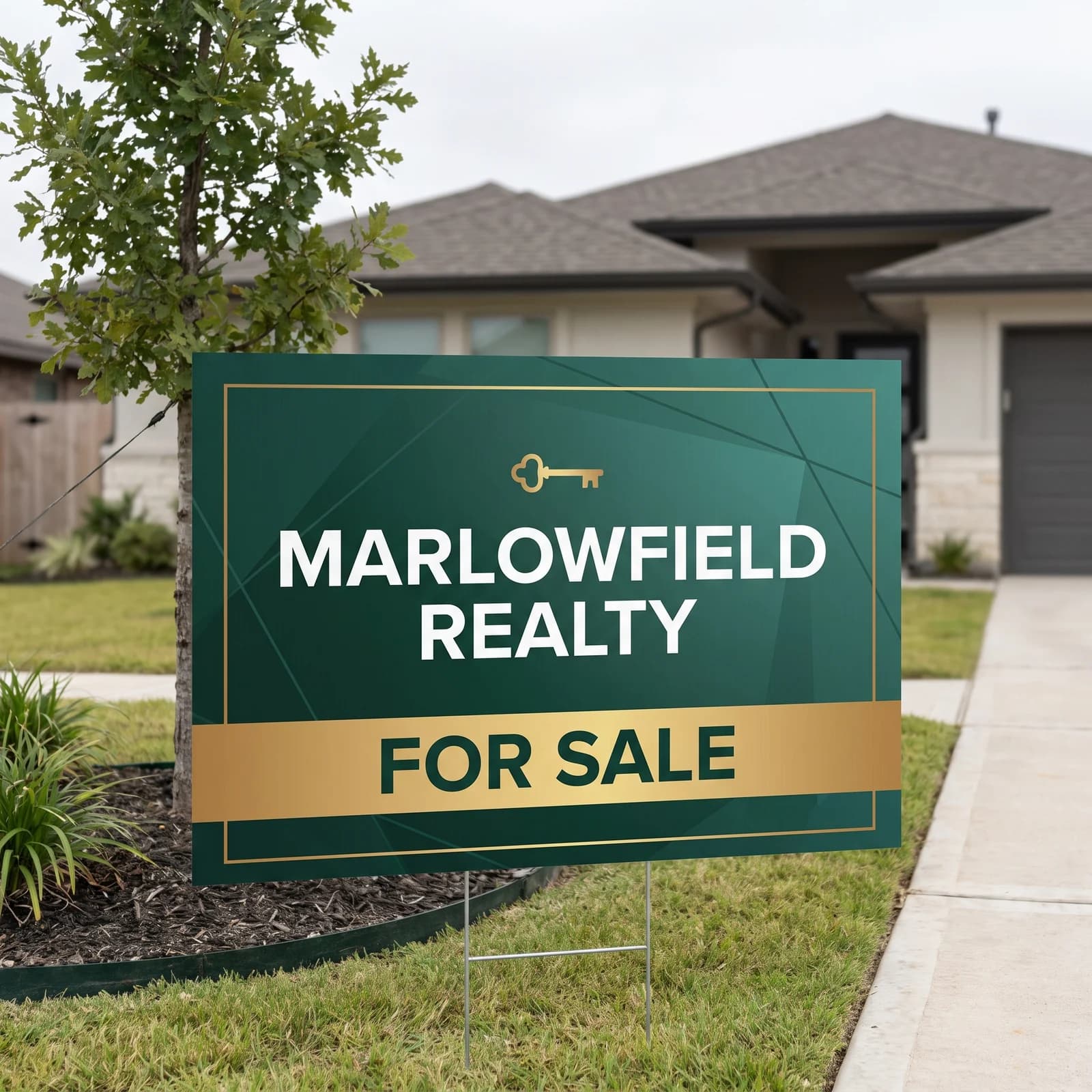 A green and gold 36 x 24 inch for sale sign for Marlowfield Realty staked on a corner lot in front of a stone and stucco home with a young tree beside it