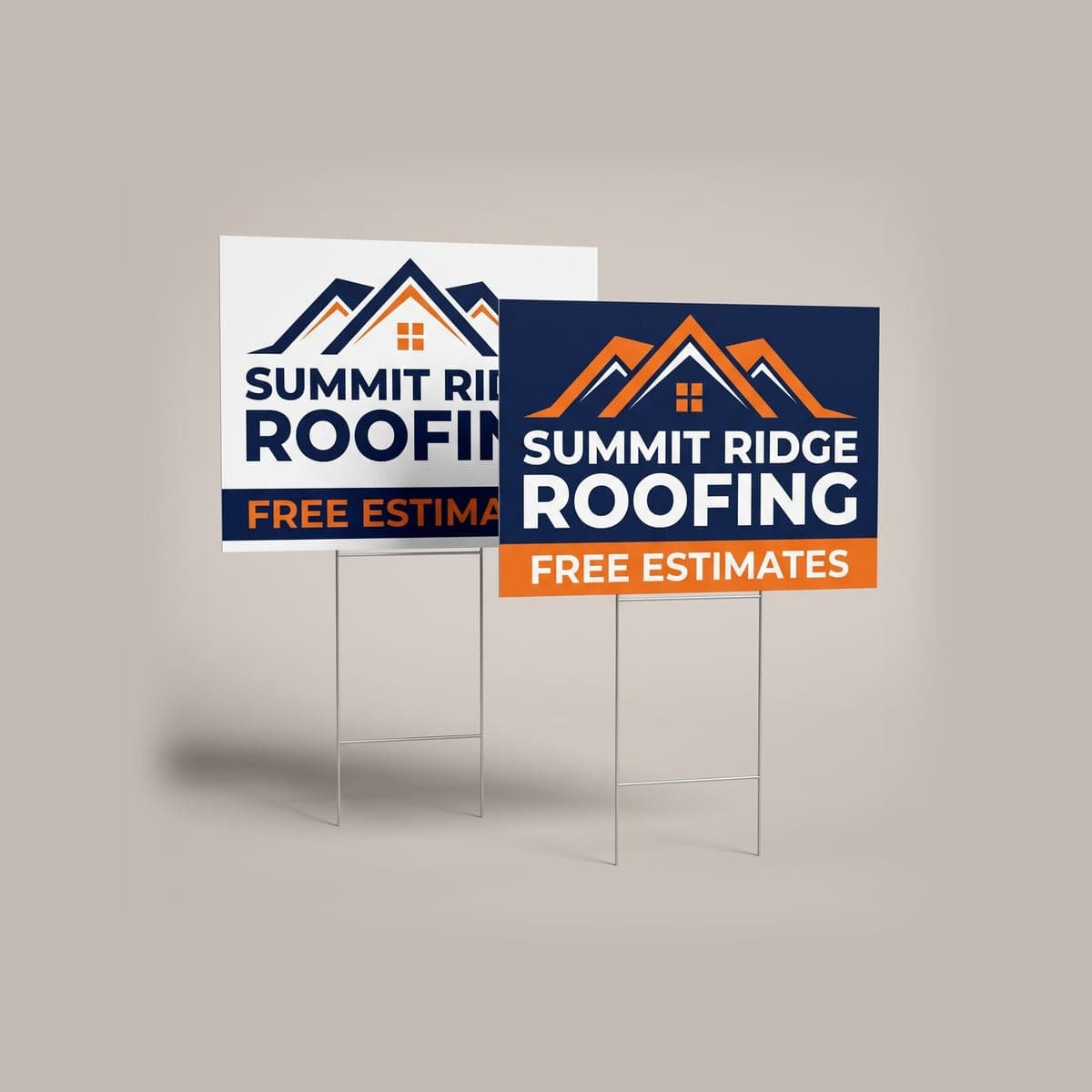 Navy and white Summit Ridge Roofing yard signs on wire stakes in a studio