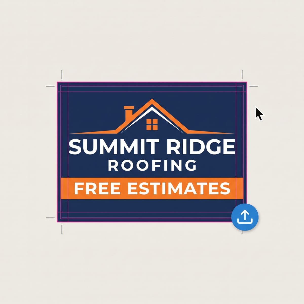 Flat Summit Ridge Roofing yard sign print file laid out with bleed guides, crop marks, an upload icon and a cursor