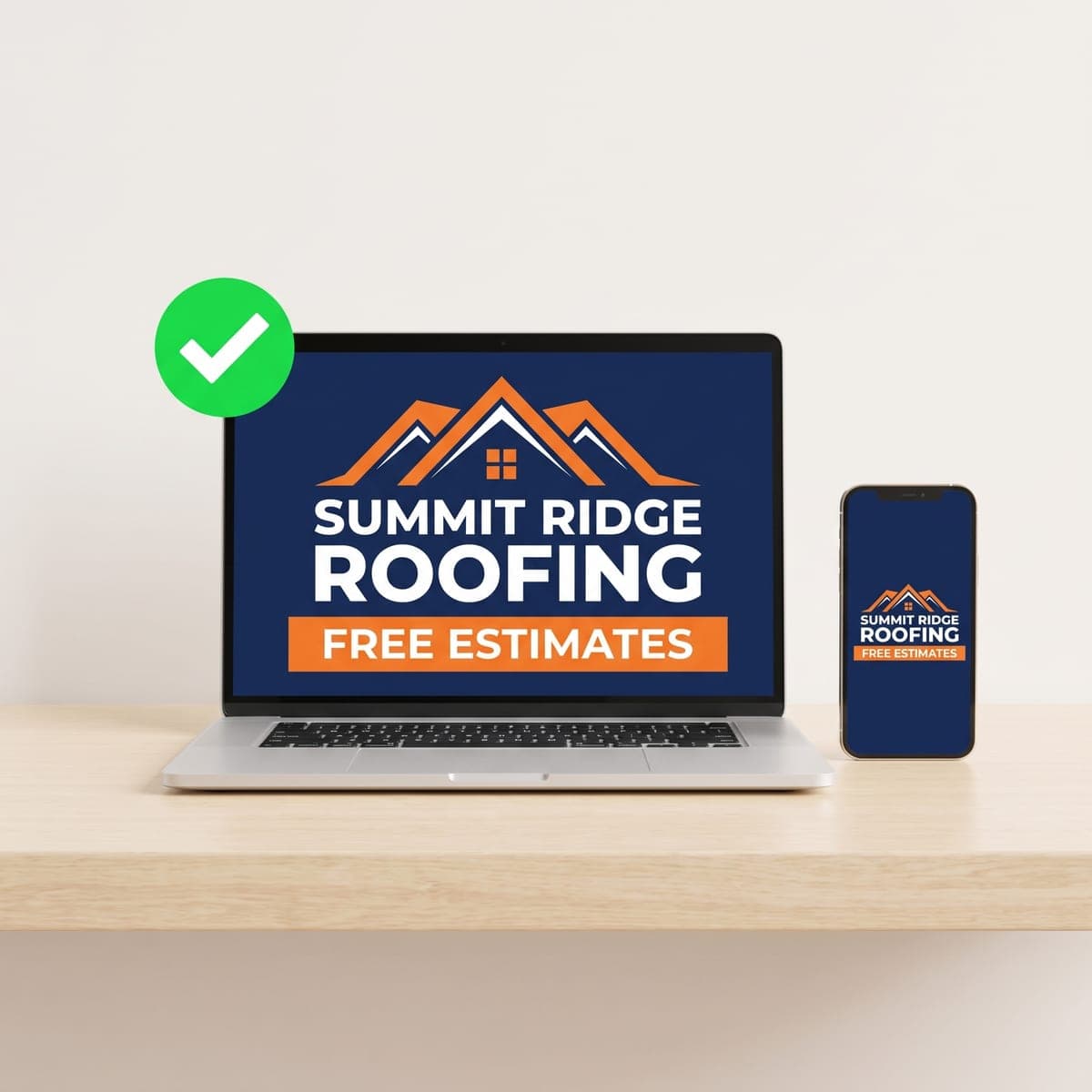 Laptop and phone showing the Summit Ridge Roofing yard sign proof with a green approval check