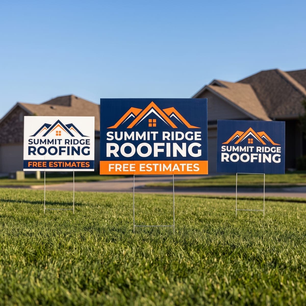 Three finished Summit Ridge Roofing yard signs staked in a green lawn
