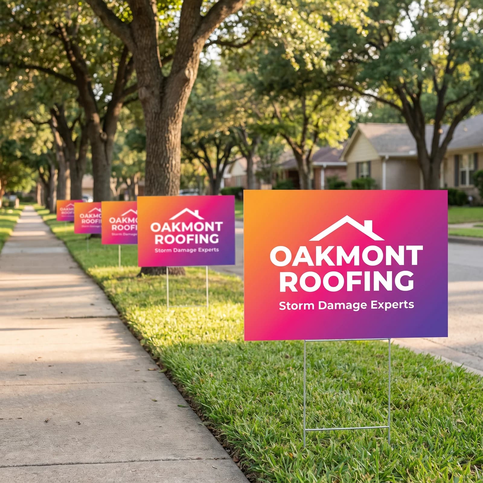 A row of five full-color 12 x 18 inch bandit signs displayed on wire H-stakes along a sidewalk