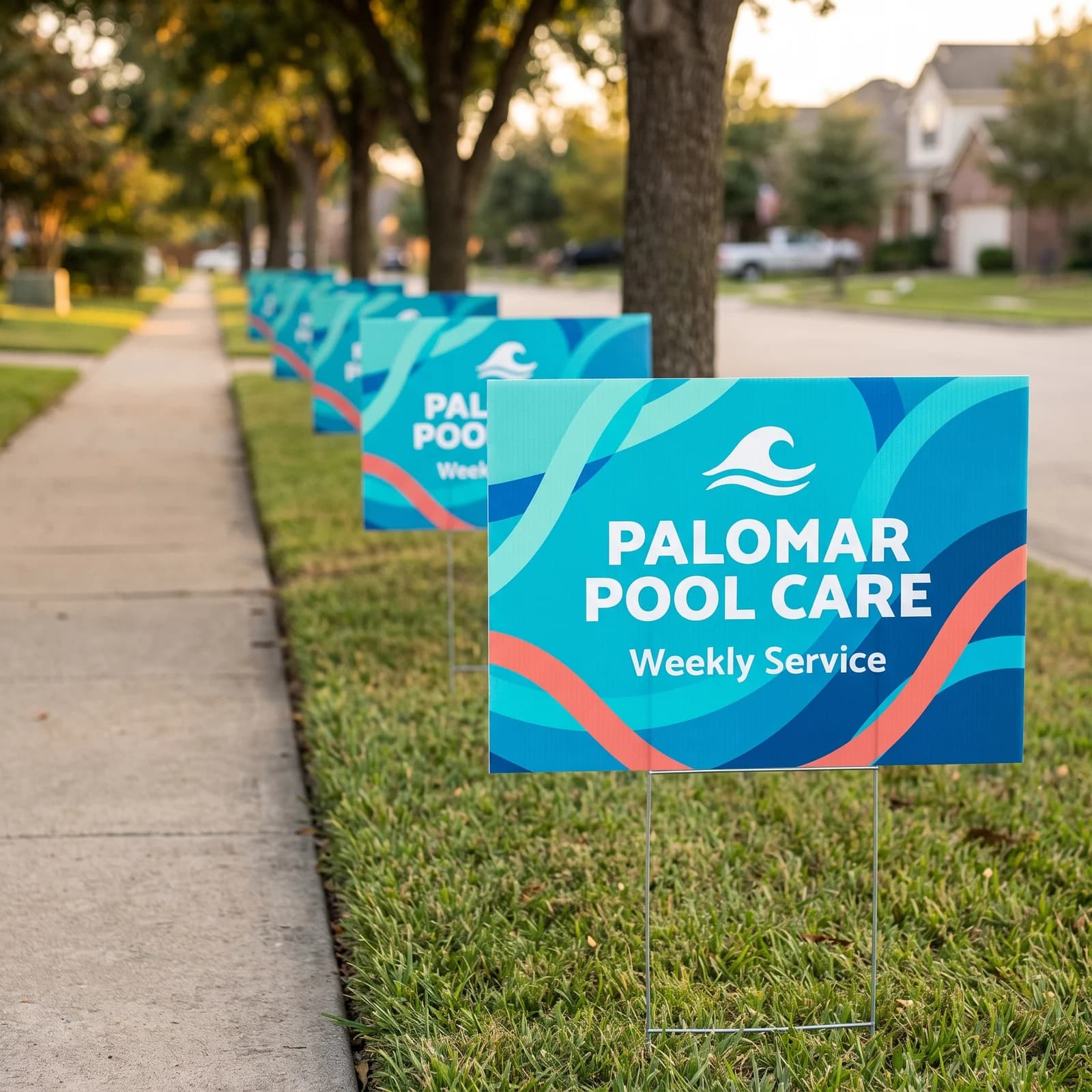 A row of blue and aqua 18 x 24 inch coroplast yard signs displayed on wire H-stakes