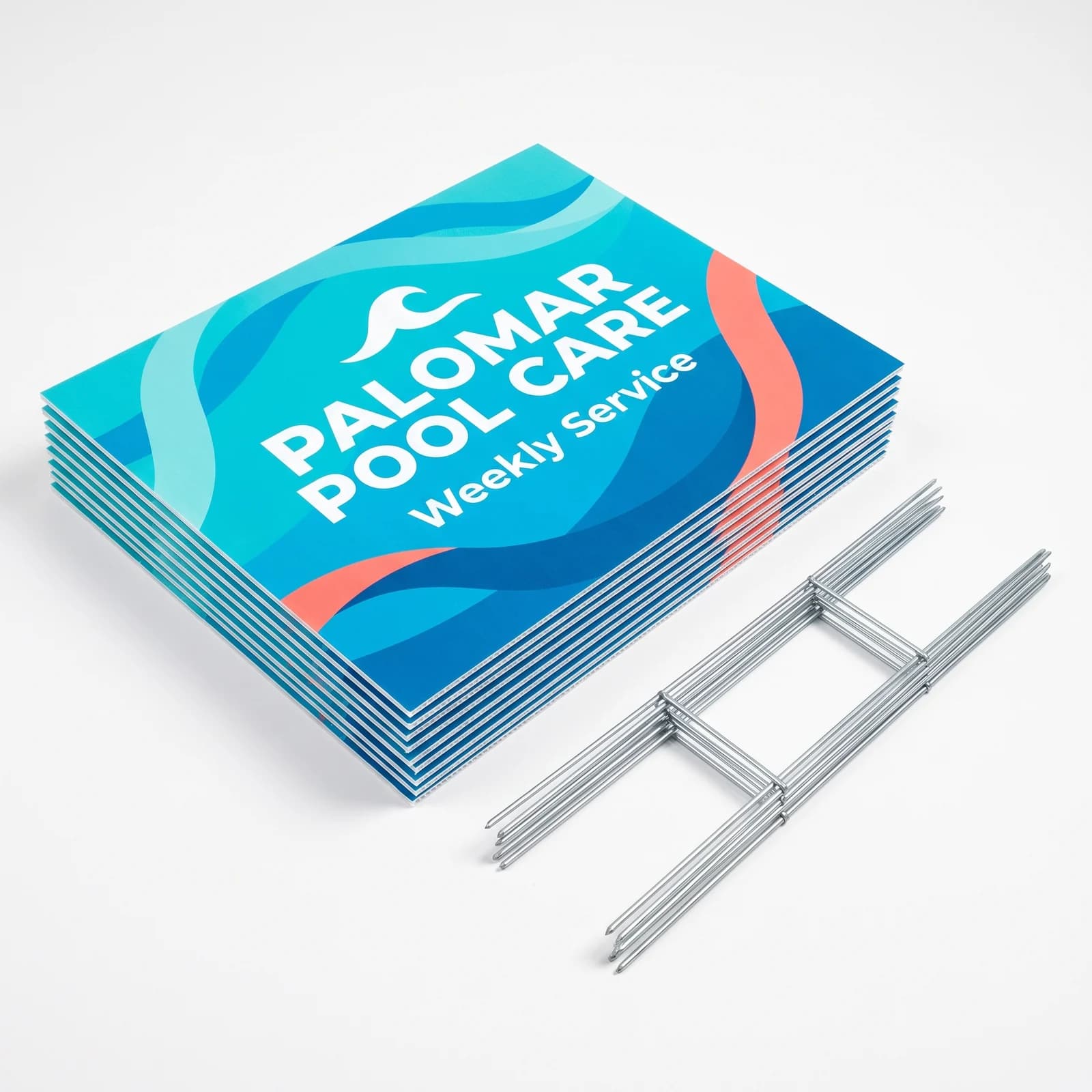 Stack of double sided 18x24 coroplast signs with wire H-stakes