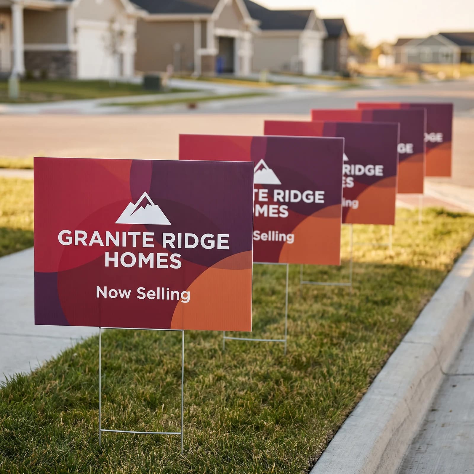 A row of extra large landscape yard signs for a home builder displayed on wire H-stakes