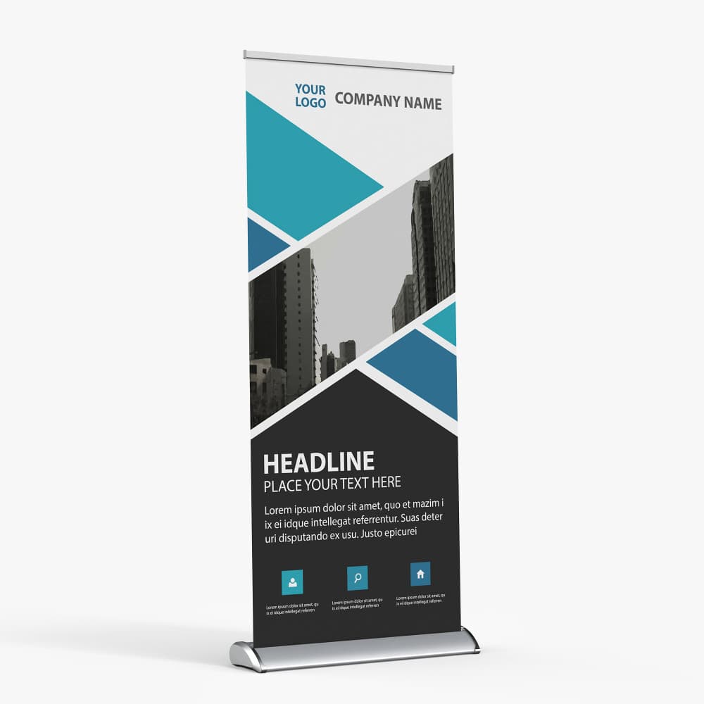 Deluxe retractable banner stand with printed graphic fully extended
