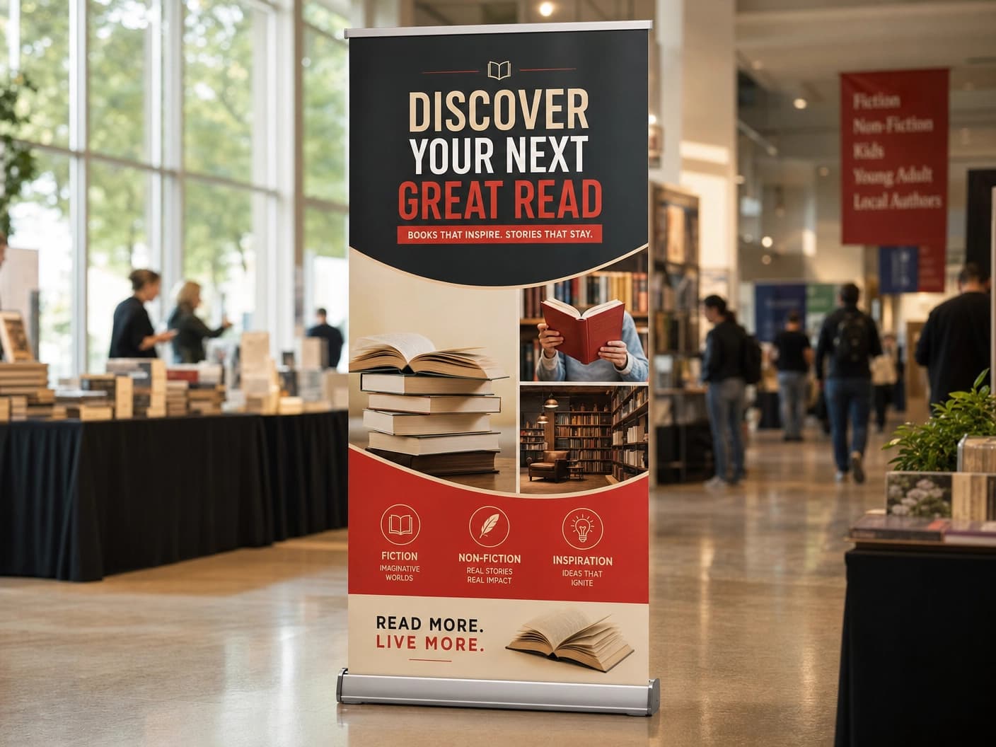 Standard retractable banner stand displayed in a business setting