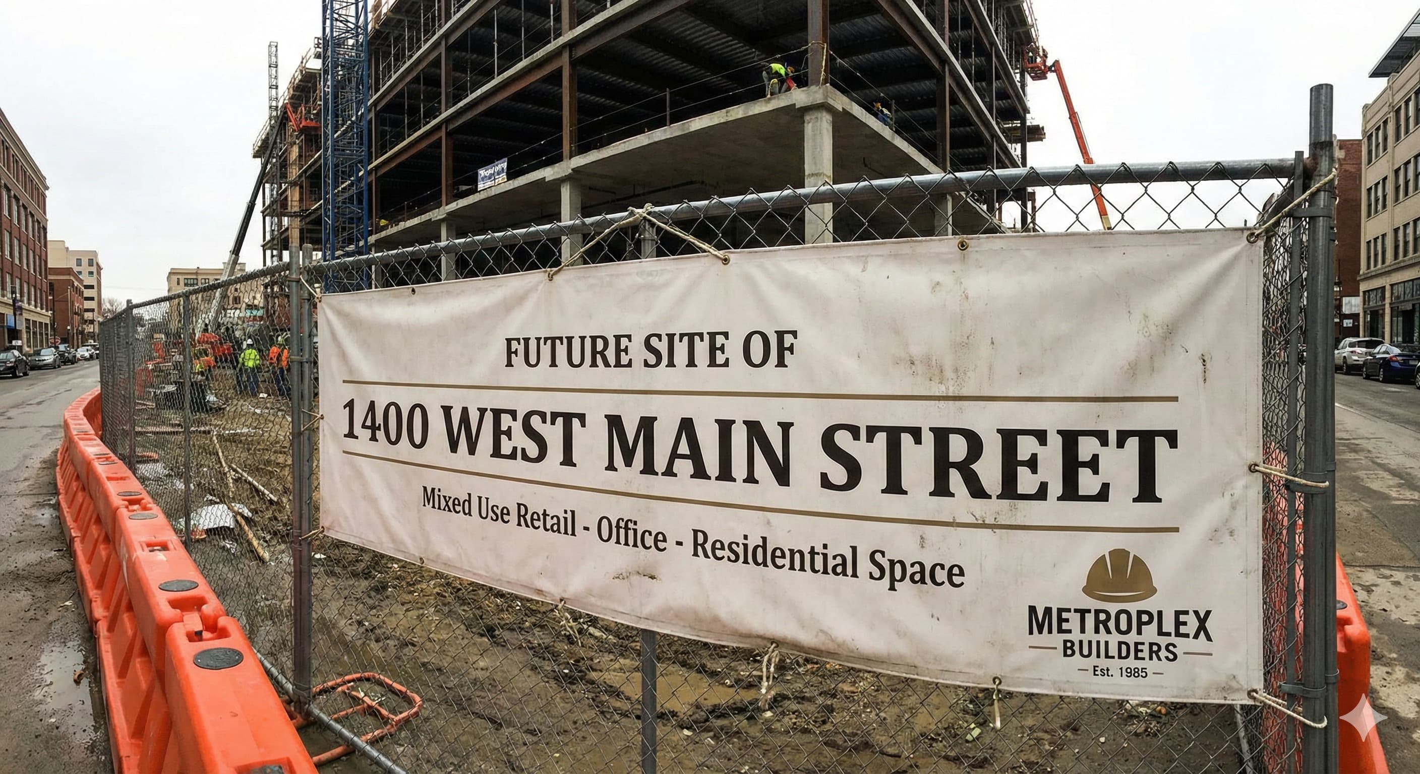 Large vinyl banner on a commercial construction site fence announcing a development
