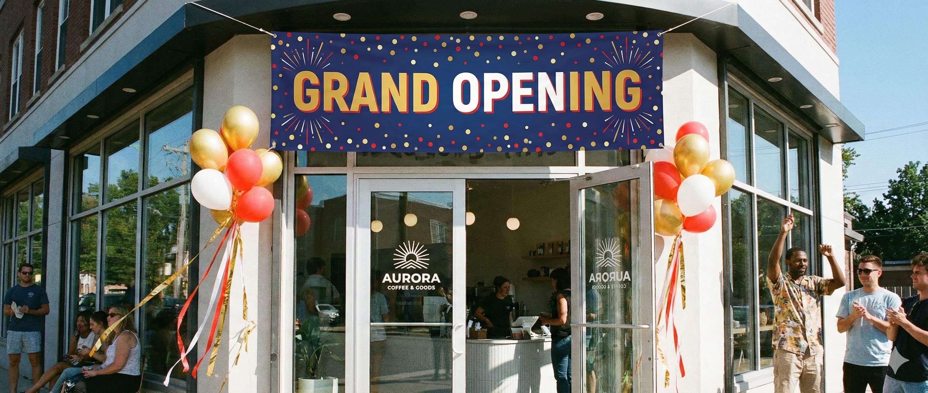 Custom grand opening banner for a San Antonio coffee shop