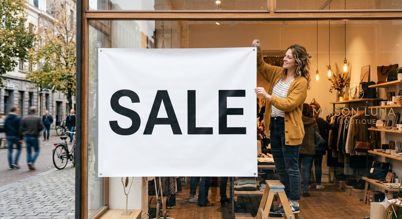 Retail promotional vinyl banner displayed inside a storefront