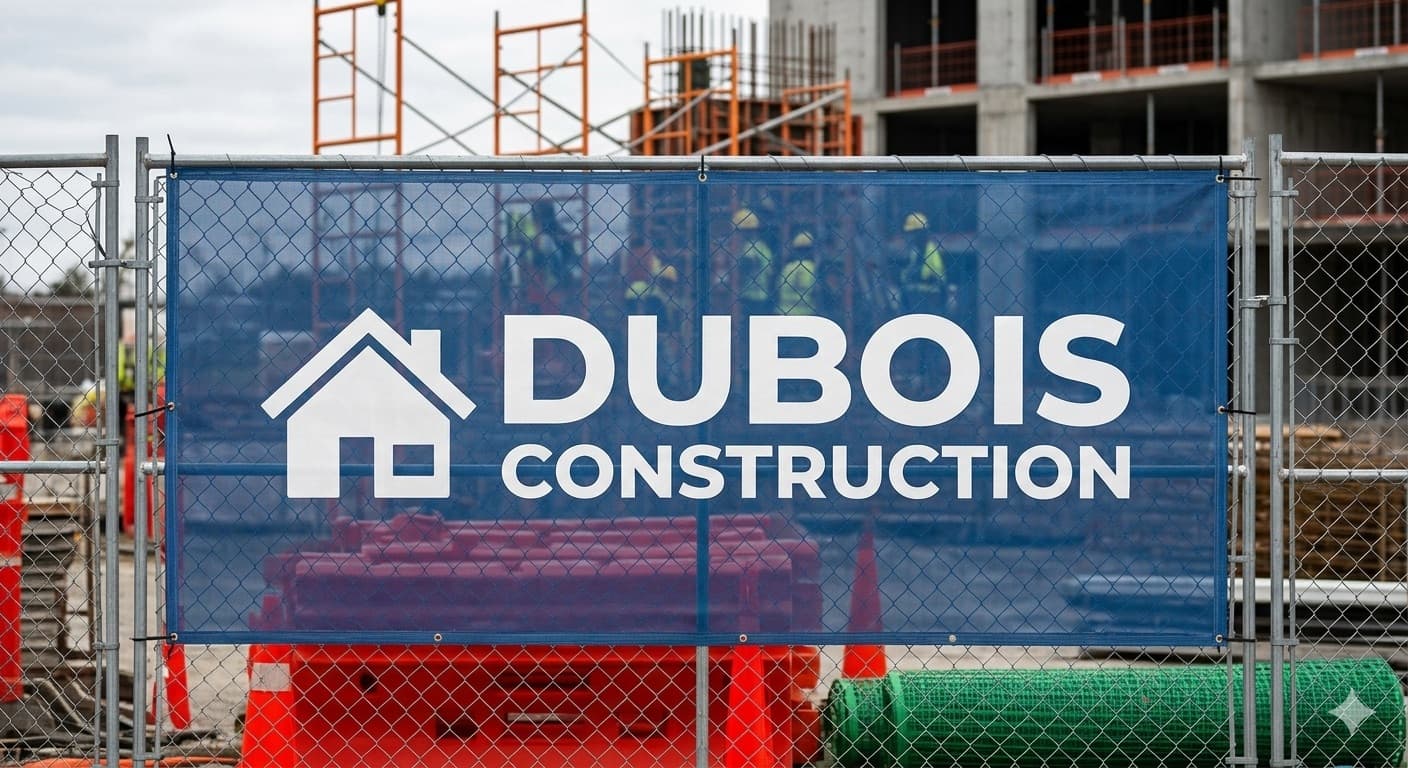 Mesh banner with safety and branding graphics on a construction site fence