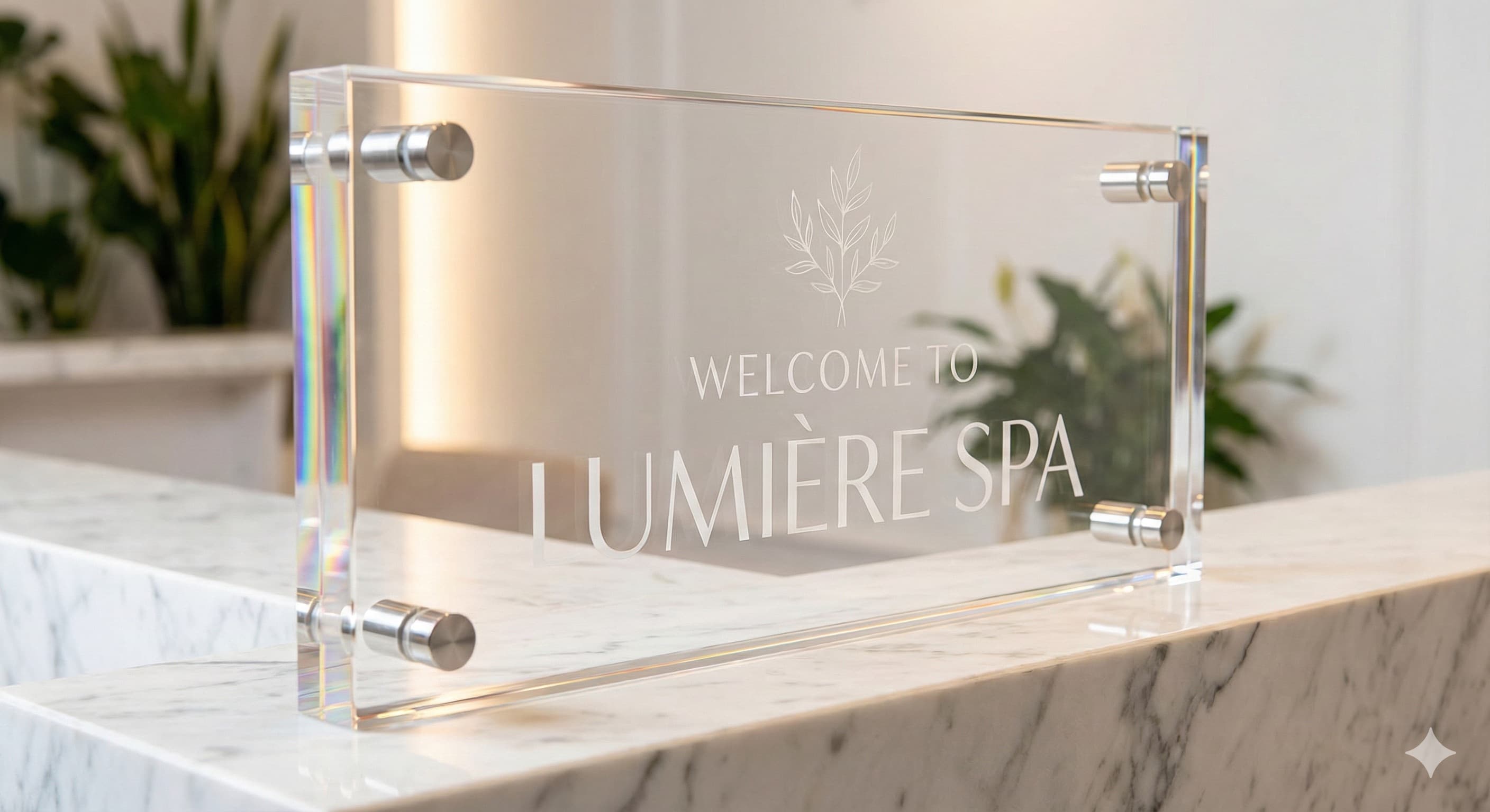 Acrylic reception sign with standoff hardware in a salon interior