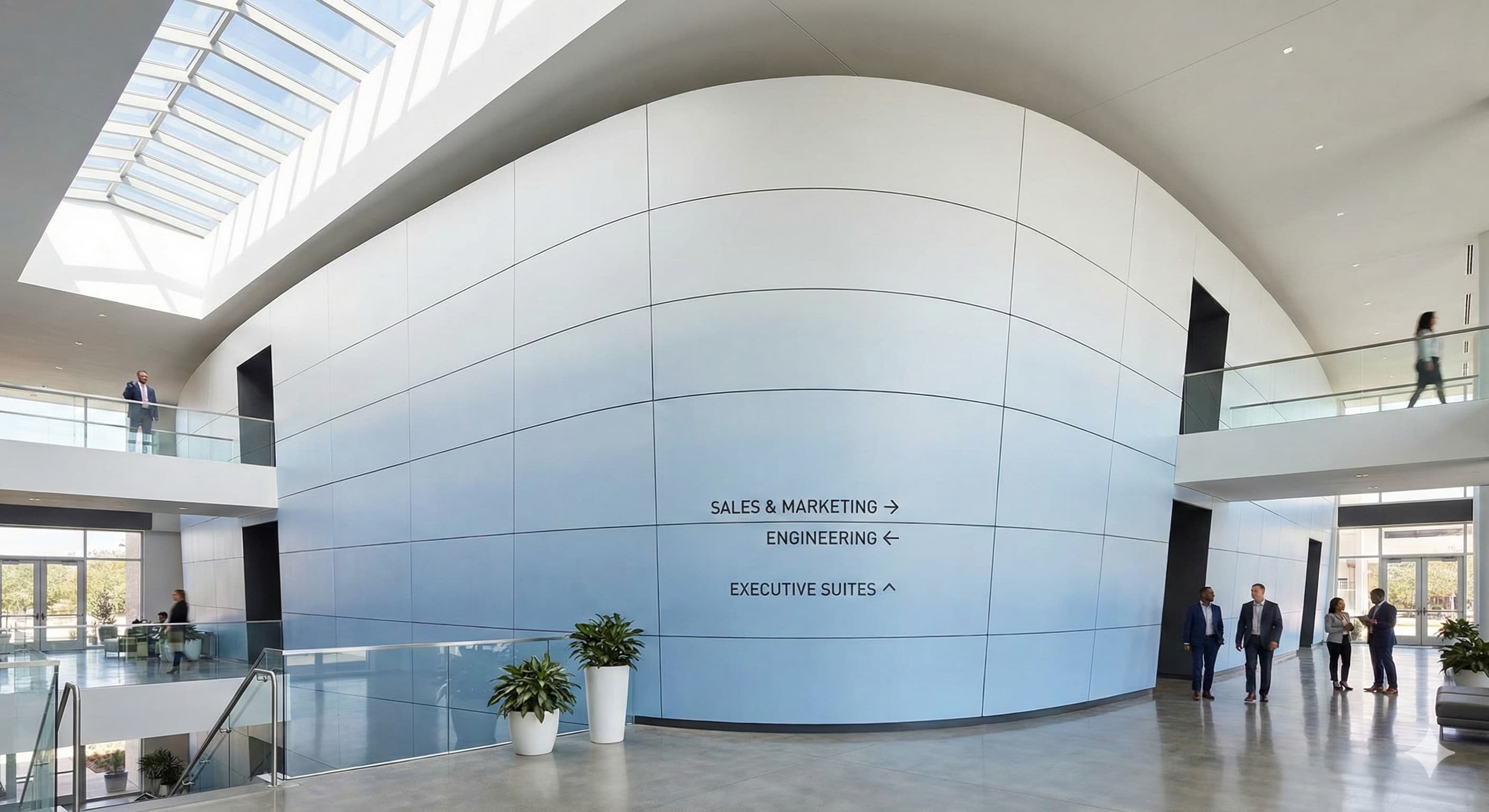 Interior wayfinding panel integrated into a facility feature wall