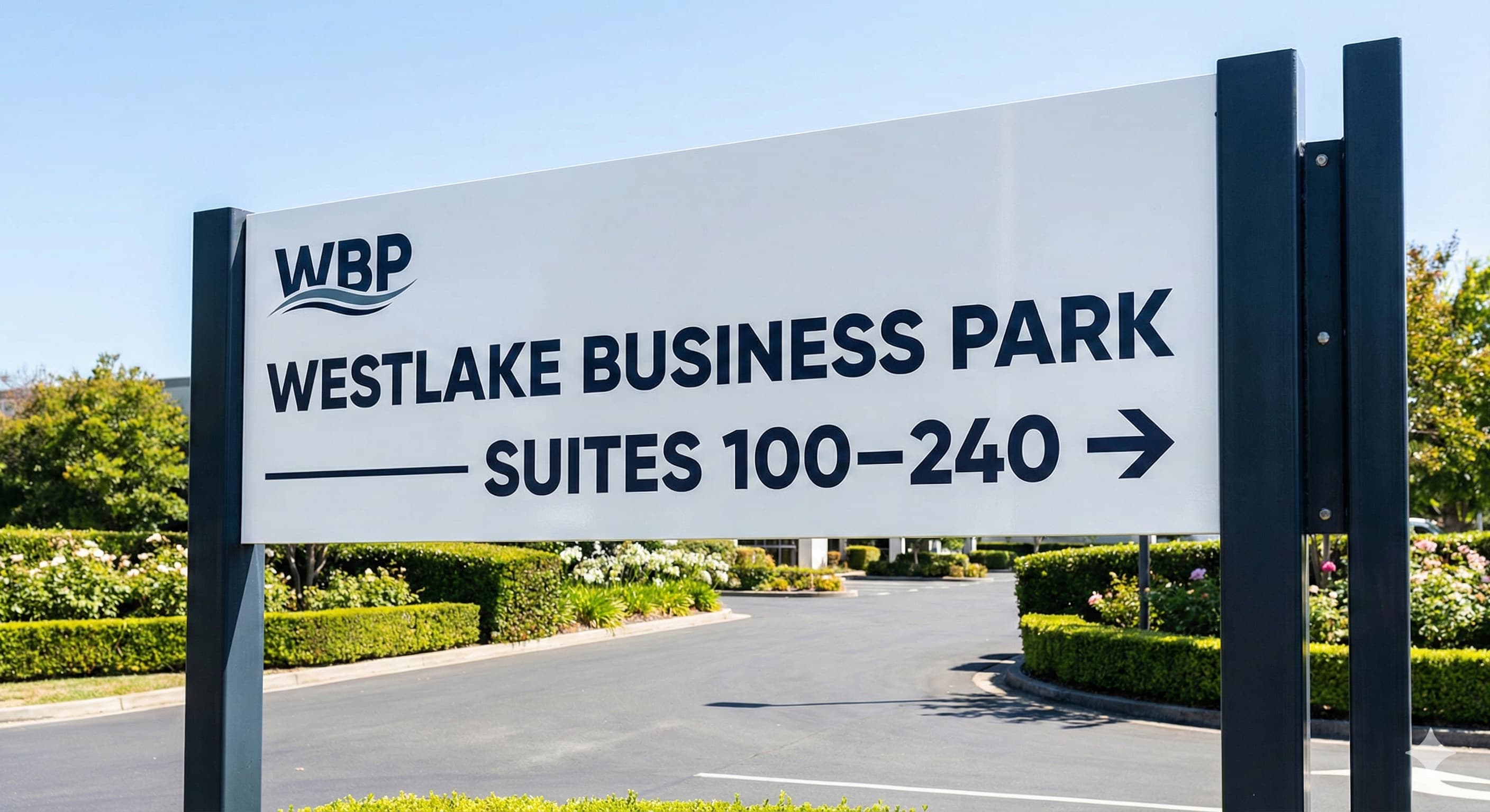 Outdoor directional business signage on a commercial property