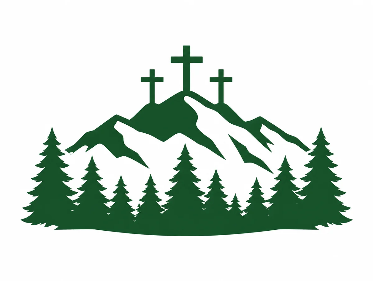 One-color green decal design of a mountain ridge, pine trees and three crosses
