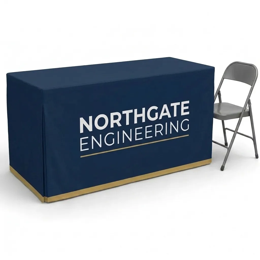 A navy fitted table cover with straight sides and boxed corners shown beside a folding chair
