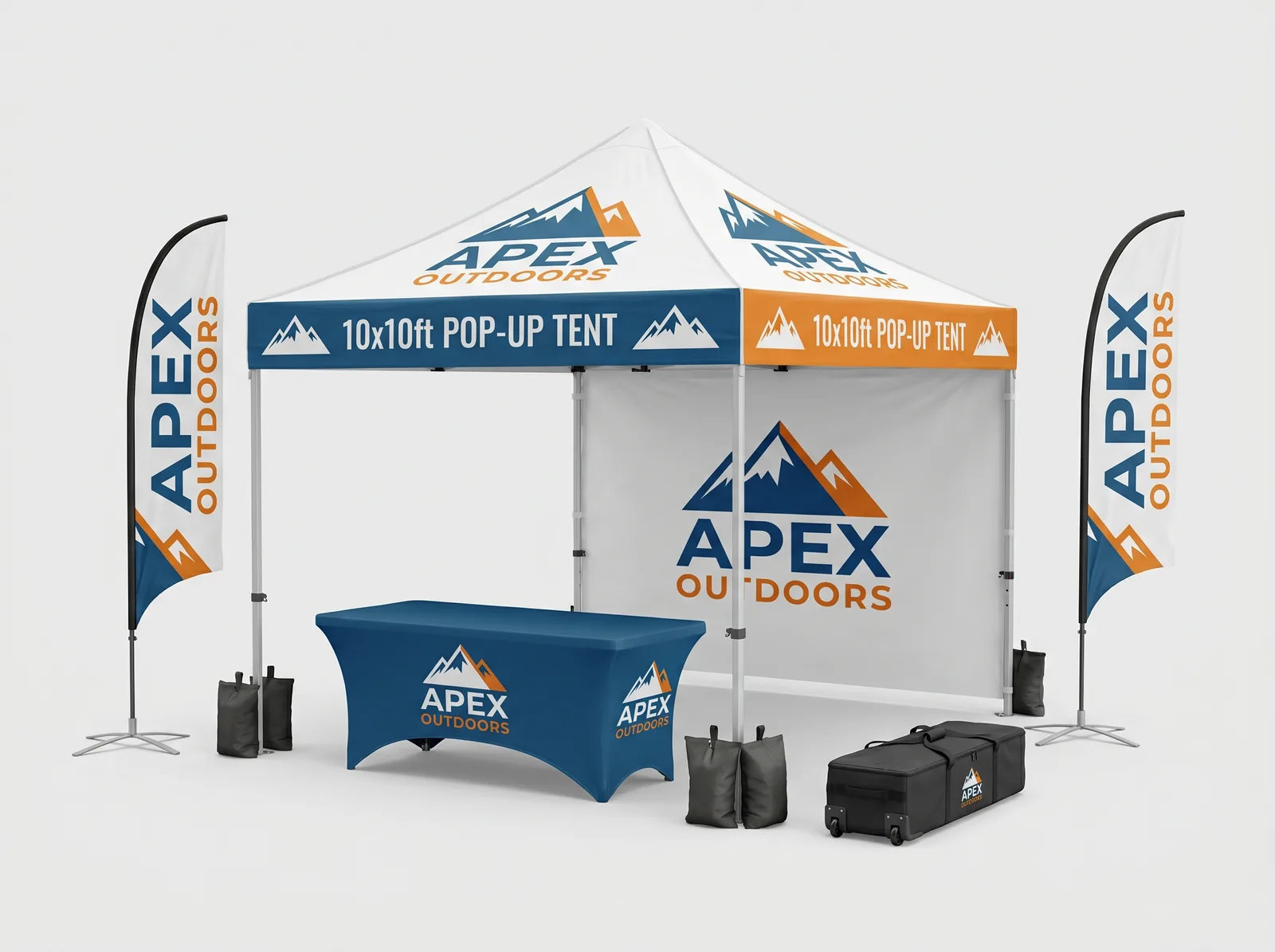 Complete branded event kit with canopy tent, walls, table cover, and flags