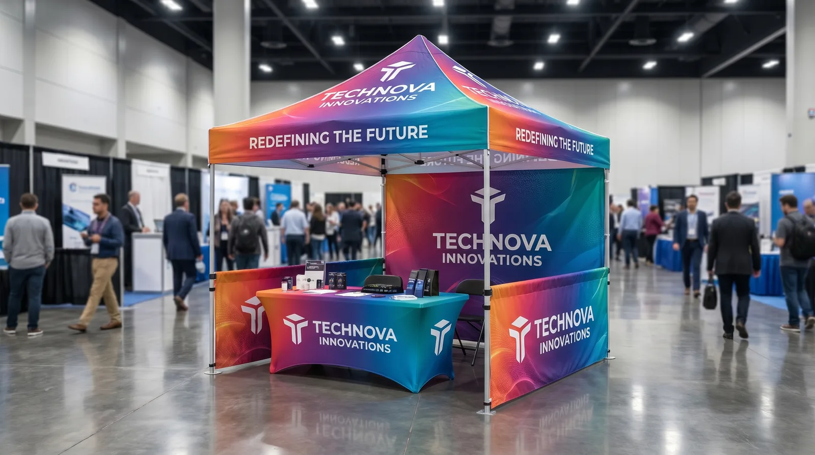 Complete branded tent package with walls and displays at a trade event