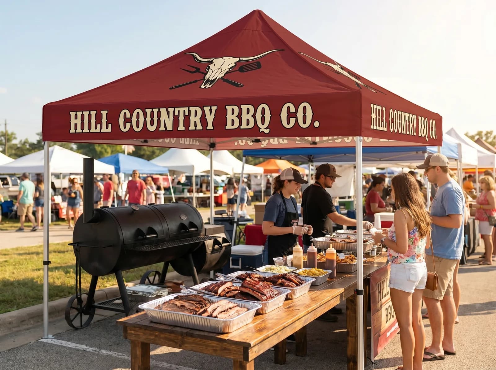 Custom printed 10 foot canopy tent set up at an outdoor market