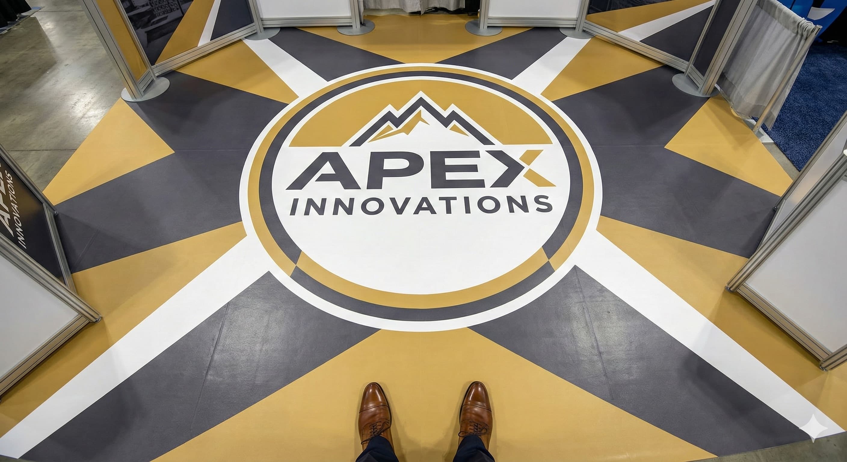 Branded floor graphic anchoring a trade show booth space